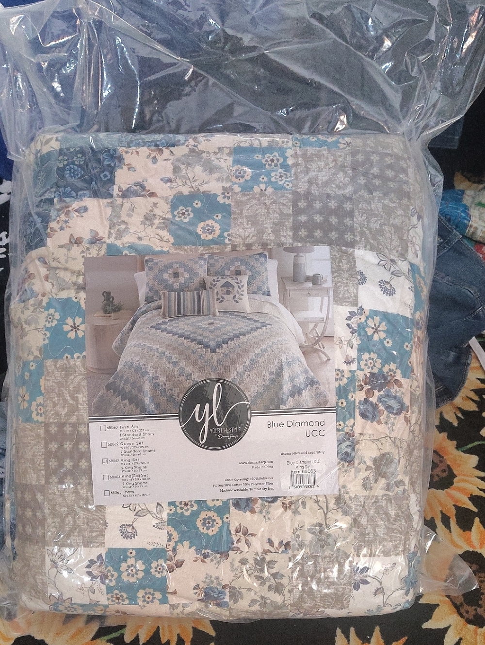 King Size Blue Diamond Patchwork Quilted Comforter Set in Teal and Gray, Shams